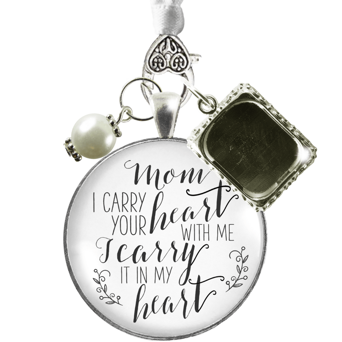 Bridal Bouquet Photo Charm Mom I Carry Your Heart Wedding White Silver Finish Memory - Gutsy Goodness Handmade Jewelry Gifts