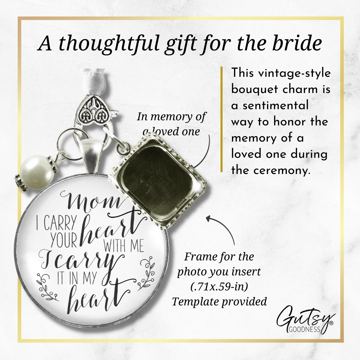 Bridal Bouquet Photo Charm Mom I Carry Your Heart Wedding White Silver Finish Memory - Gutsy Goodness Handmade Jewelry Gifts