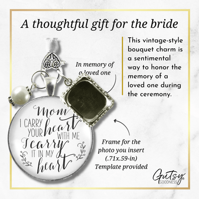 Bridal Bouquet Photo Charm Mom I Carry Your Heart Wedding White Silver Finish Memory - Gutsy Goodness Handmade Jewelry Gifts