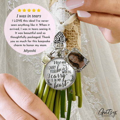 Bridal Bouquet Photo Charm Mom I Carry Your Heart Wedding White Silver Finish Memory - Gutsy Goodness Handmade Jewelry Gifts