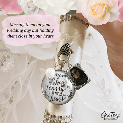 Bridal Bouquet Photo Charm Mom I Carry Your Heart Wedding White Silver Finish Memory - Gutsy Goodness Handmade Jewelry Gifts