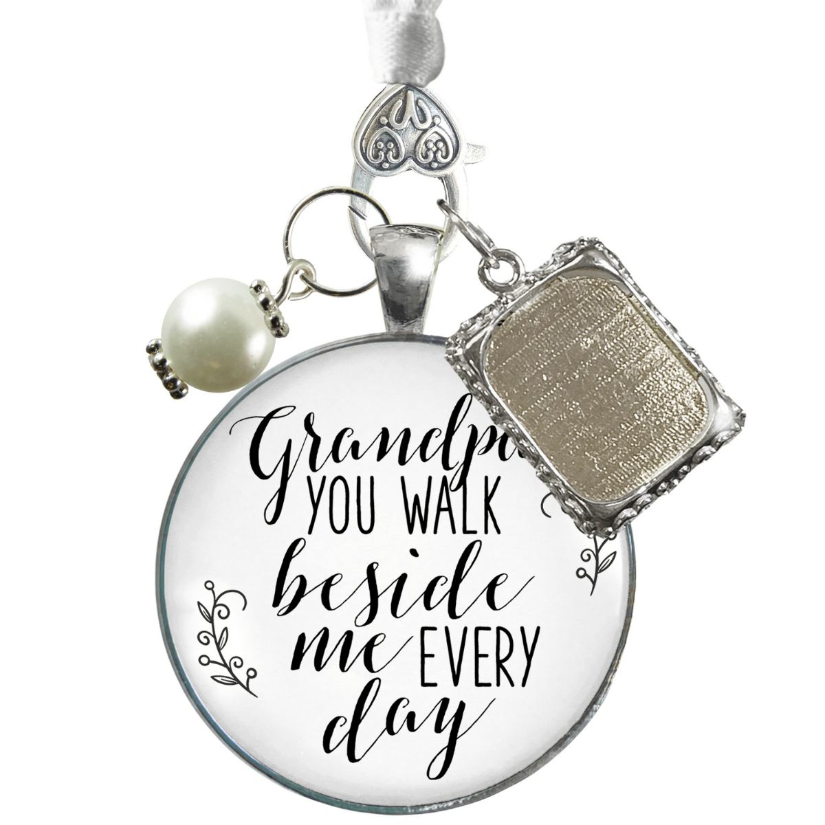 Memorial Bouquet Wedding Charm Grandma You Walk Beside Me Every Day Vintage  Bronze Cream Glass Pendant Honoring Grandmother White Bead 1 Frame Loving  Remembranc…