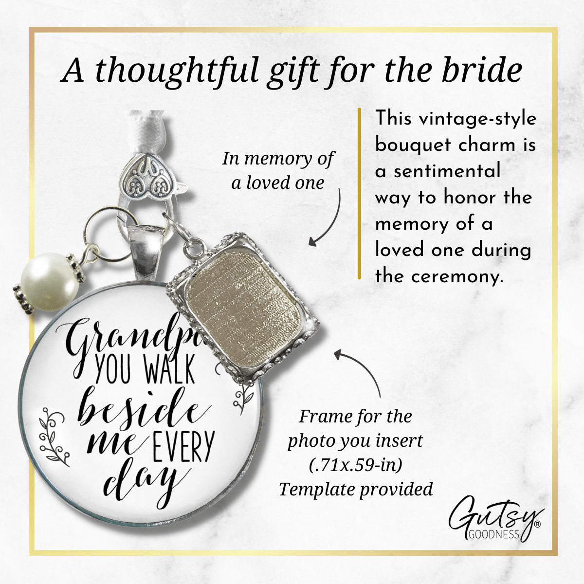 Bridal Bouquet Charm Grandpa Picture Frame Wedding Memorial Silver Finish Jewelry - Gutsy Goodness Handmade Jewelry Gifts