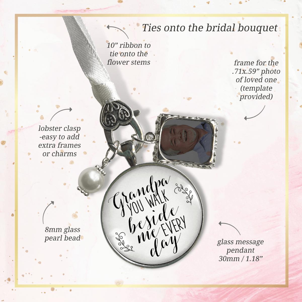 Bridal Bouquet Charm Grandpa Picture Frame Wedding Memorial Silver Finish Jewelry - Gutsy Goodness Handmade Jewelry Gifts