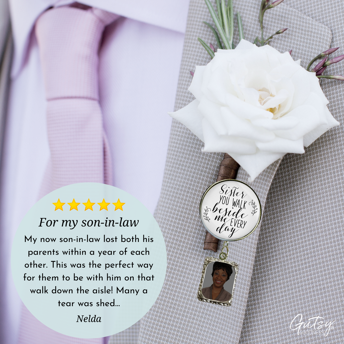 Wedding Memorial Boutonniere Pin Photo Frame Honor Sister Silver White For Men - Gutsy Goodness