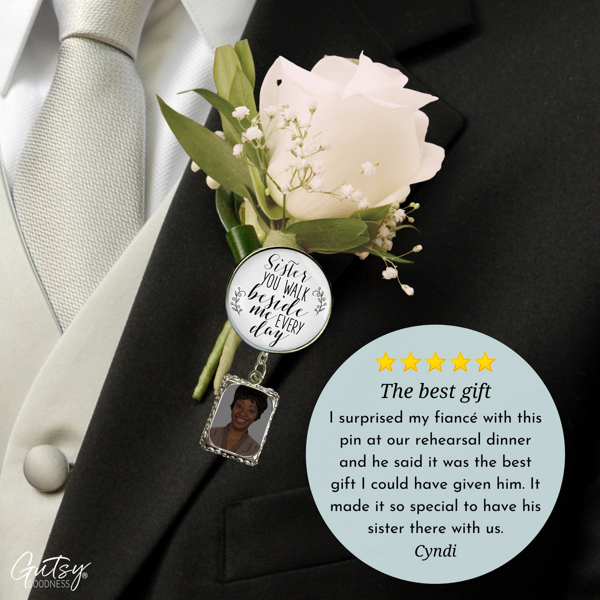 Wedding Memorial Boutonniere Pin Photo Frame Honor Sister Silver White For Men - Gutsy Goodness