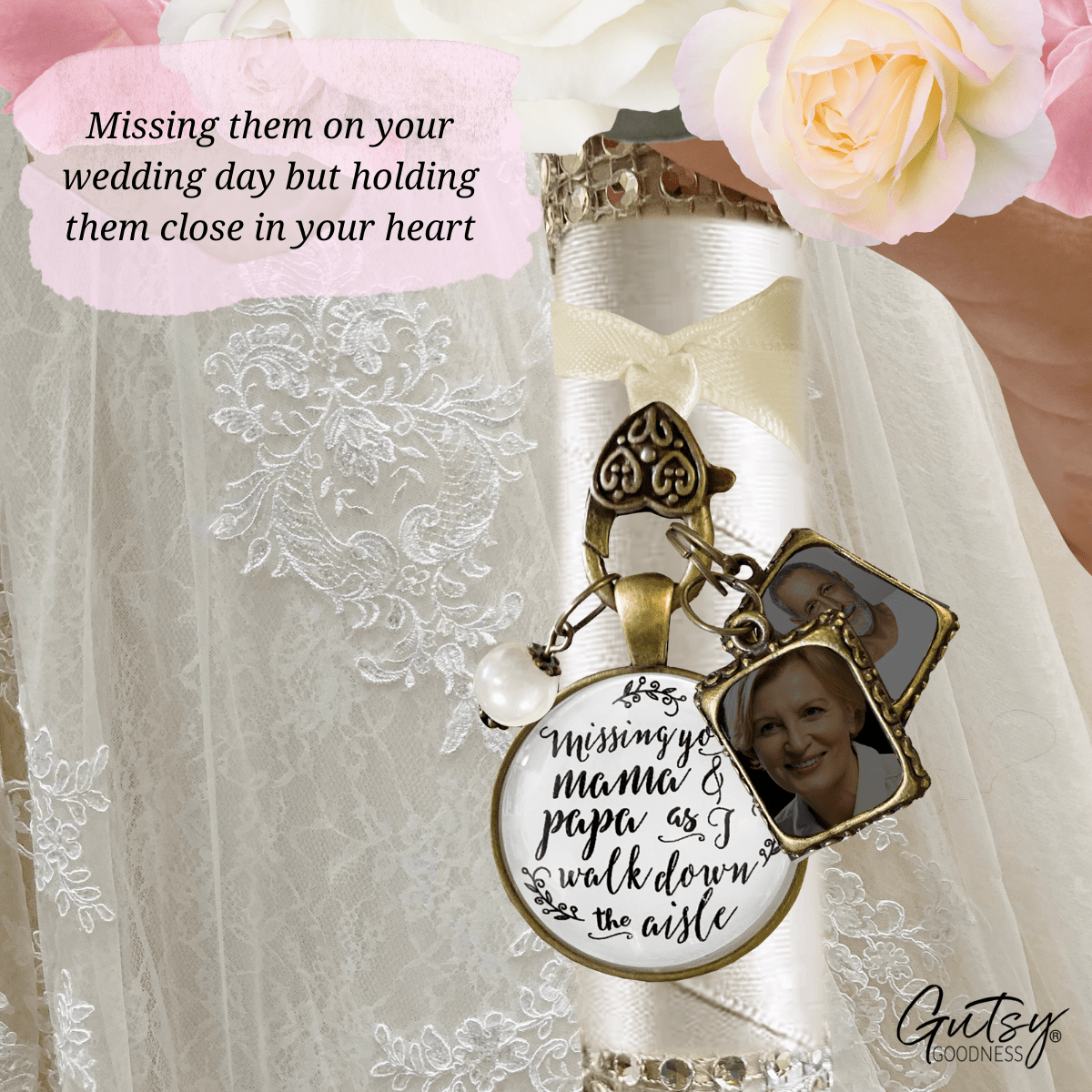Missing You Mama and Papa As I Walk Down The Aisle BRONZE - WHITE - WHITE BEAD - 2 Frames