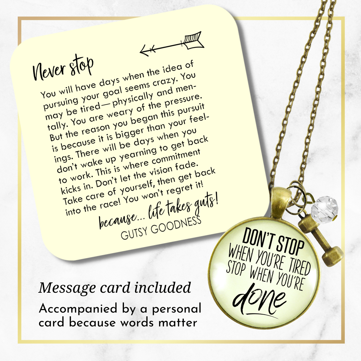 Don't Stop When Tired Necklace Mantra Success Jewelry Barbell Charm - Gutsy Goodness