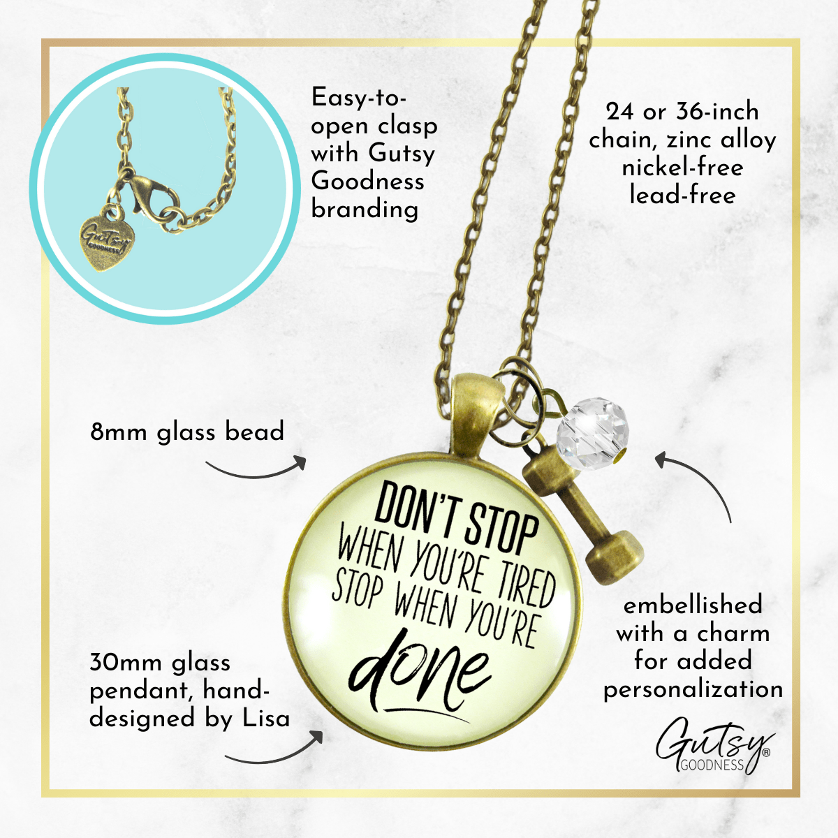 Don't Stop When Tired Necklace Mantra Success Jewelry Barbell Charm - Gutsy Goodness