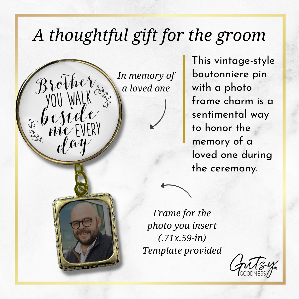 Wedding Memorial Boutonniere Pin Photo Frame Honor Brother Vintage White For Men - Gutsy Goodness