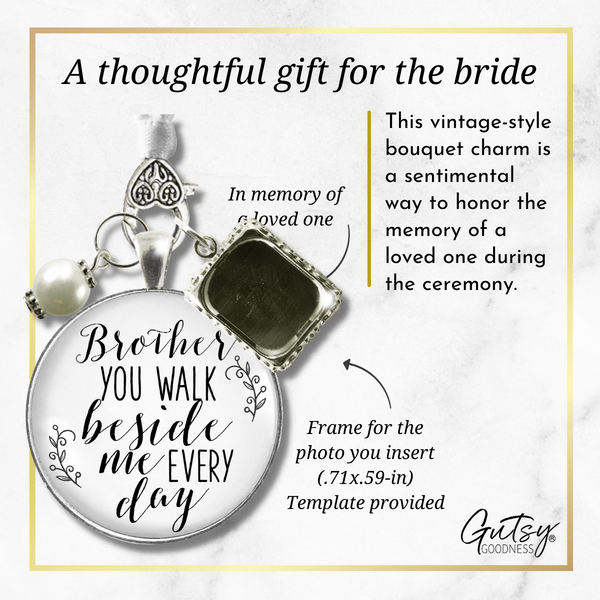 Bridal Bouquet Charm Brother Memorial Picture Frame Wedding Silver Finish Jewelry - Gutsy Goodness Handmade Jewelry Gifts