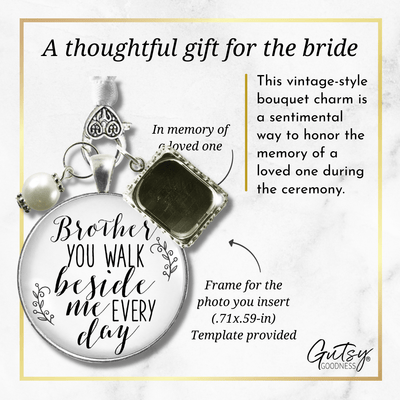 Bridal Bouquet Charm Brother Memorial Picture Frame Wedding Silver Finish Jewelry - Gutsy Goodness Handmade Jewelry Gifts
