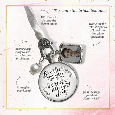 Bridal Bouquet Charm Brother Memorial Picture Frame Wedding Silver Finish Jewelry - Gutsy Goodness Handmade Jewelry Gifts