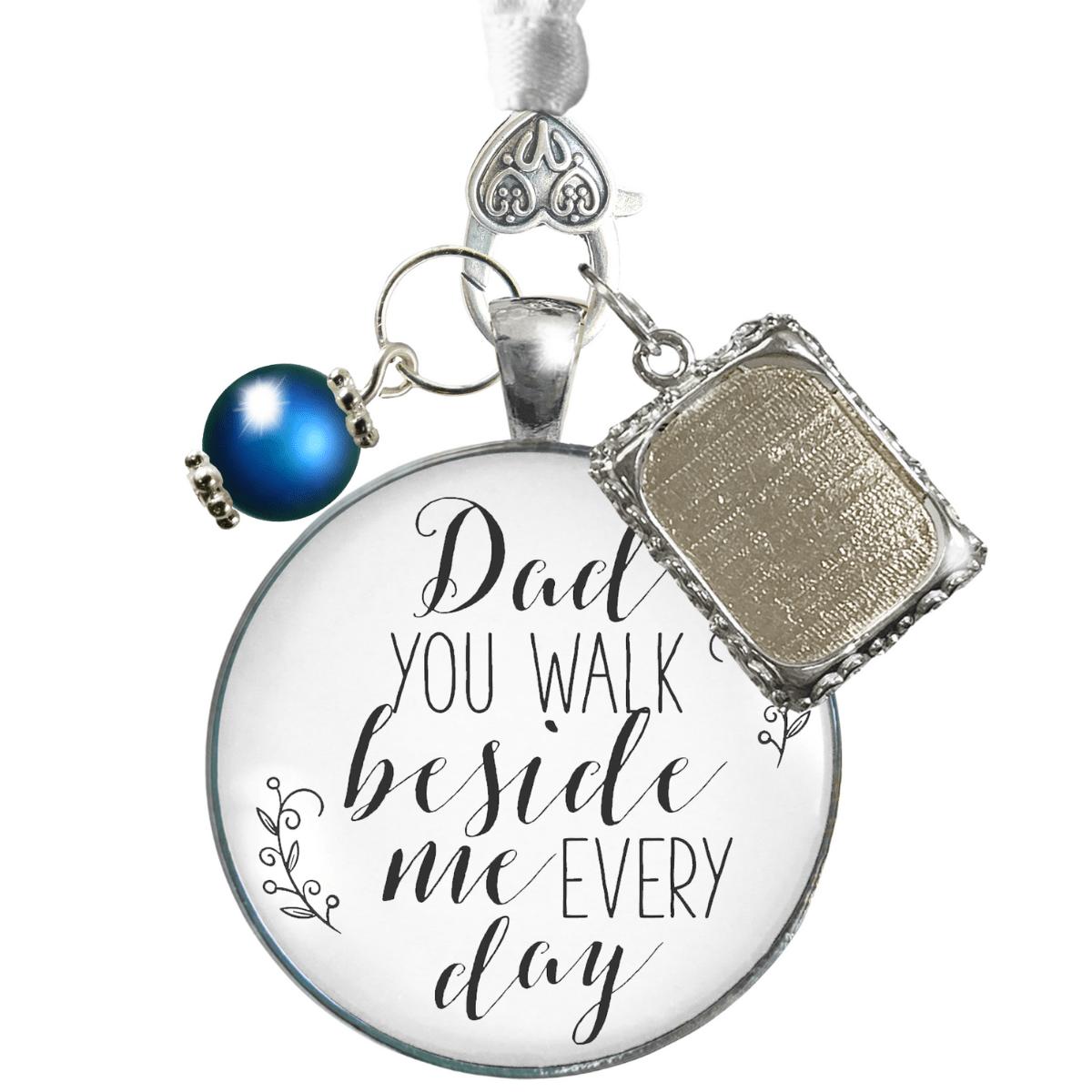 Wedding Bouquet Charm Dad You Walk Beside Me White Bride Father Photo Silver Blue Bead - Gutsy Goodness;Wedding Bouquet Charm Dad You Walk Beside Me White Bride Father Photo Silver Blue Bead - Gutsy Goodness Handmade Jewelry Gifts