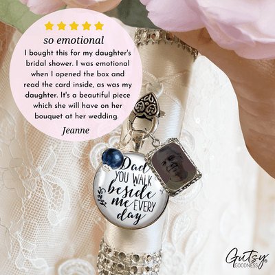 Wedding Bouquet Charm Dad You Walk Beside Me White Bride Father Photo Silver Blue Bead - Gutsy Goodness;Wedding Bouquet Charm Dad You Walk Beside Me White Bride Father Photo Silver Blue Bead - Gutsy Goodness Handmade Jewelry Gifts