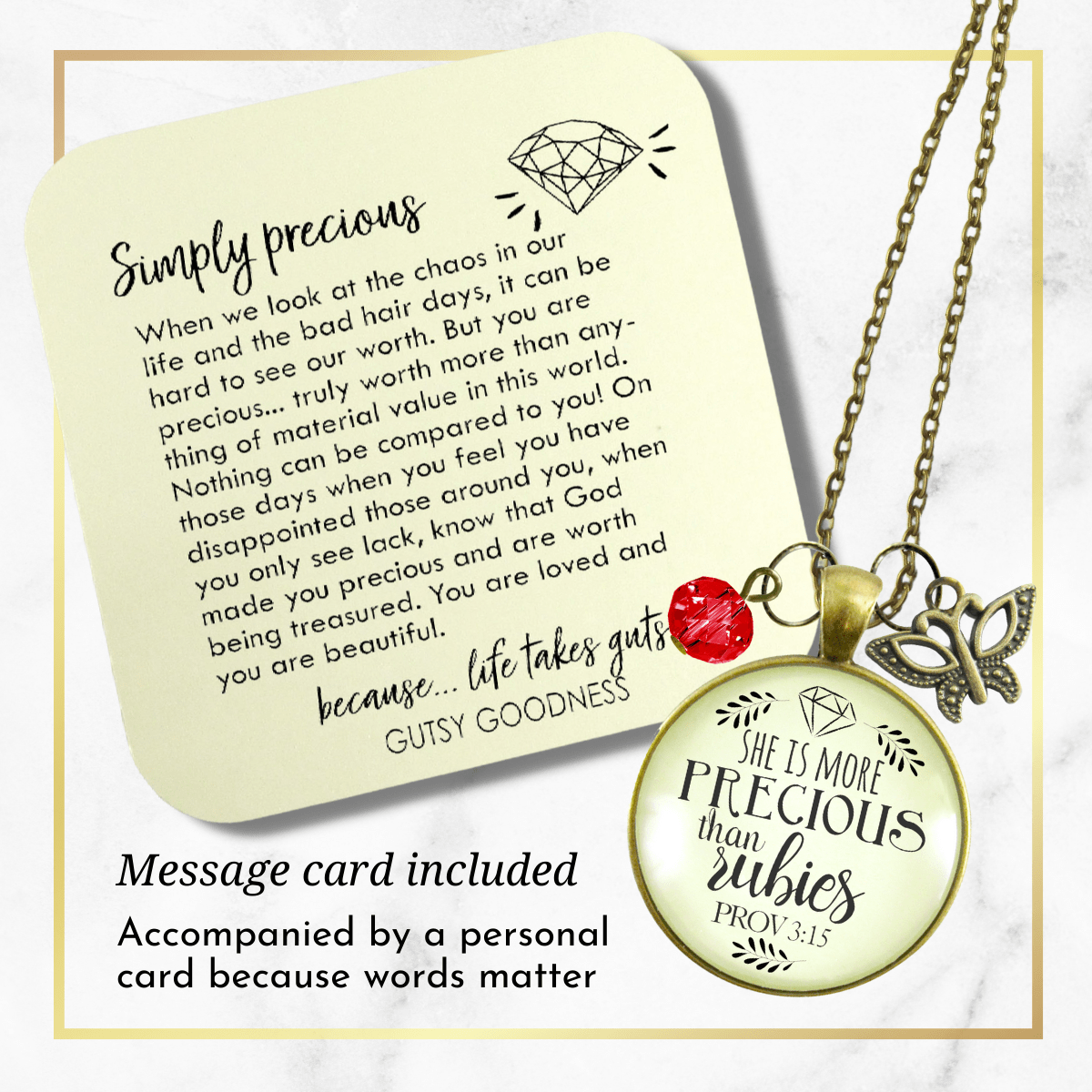 She is More Precious Rubies Necklace Faith Jewelry Rose Charm - Gutsy Goodness