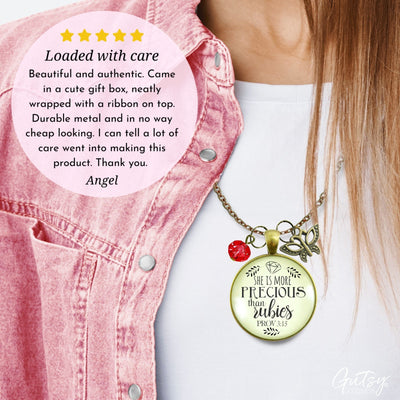She is More Precious Rubies Necklace Faith Jewelry Rose Charm - Gutsy Goodness