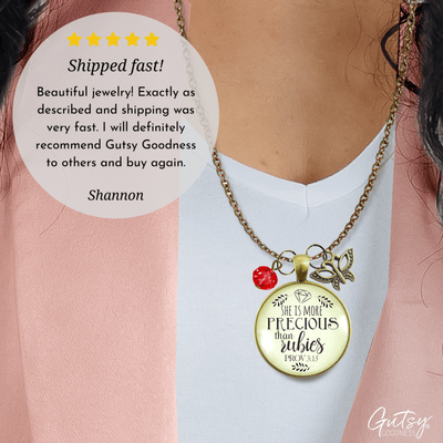 She is More Precious Rubies Necklace Faith Jewelry Rose Charm - Gutsy Goodness