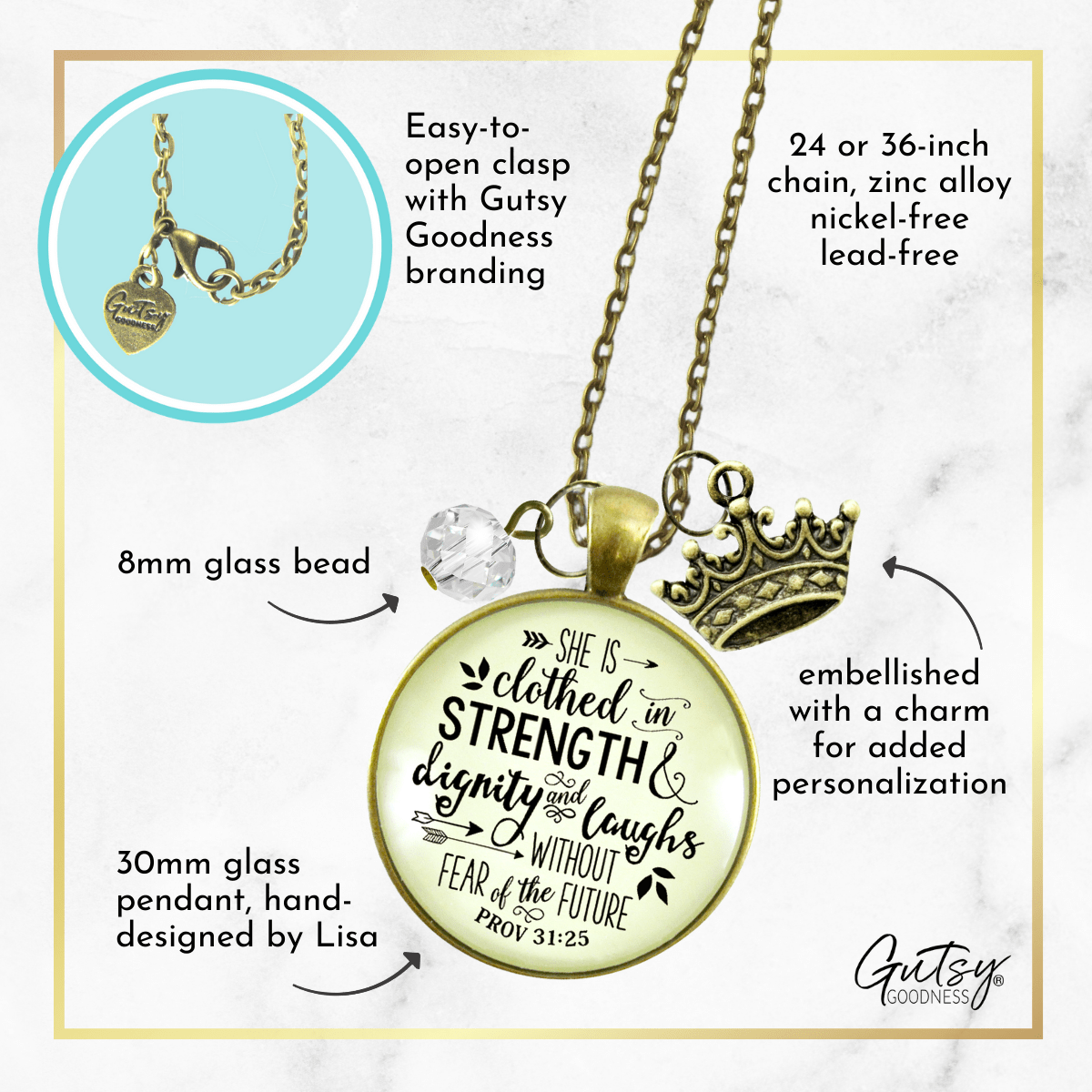 Gutsy Goodness Faith Necklace She Clothed Strength Dignity Jewelry Message Proverb 31 Crown Gift - Gutsy Goodness Handmade Jewelry;Faith Necklace She Clothed Strength Dignity Jewelry Message Proverb 31 Crown Gift - Gutsy Goodness Handmade Jewelry Gifts