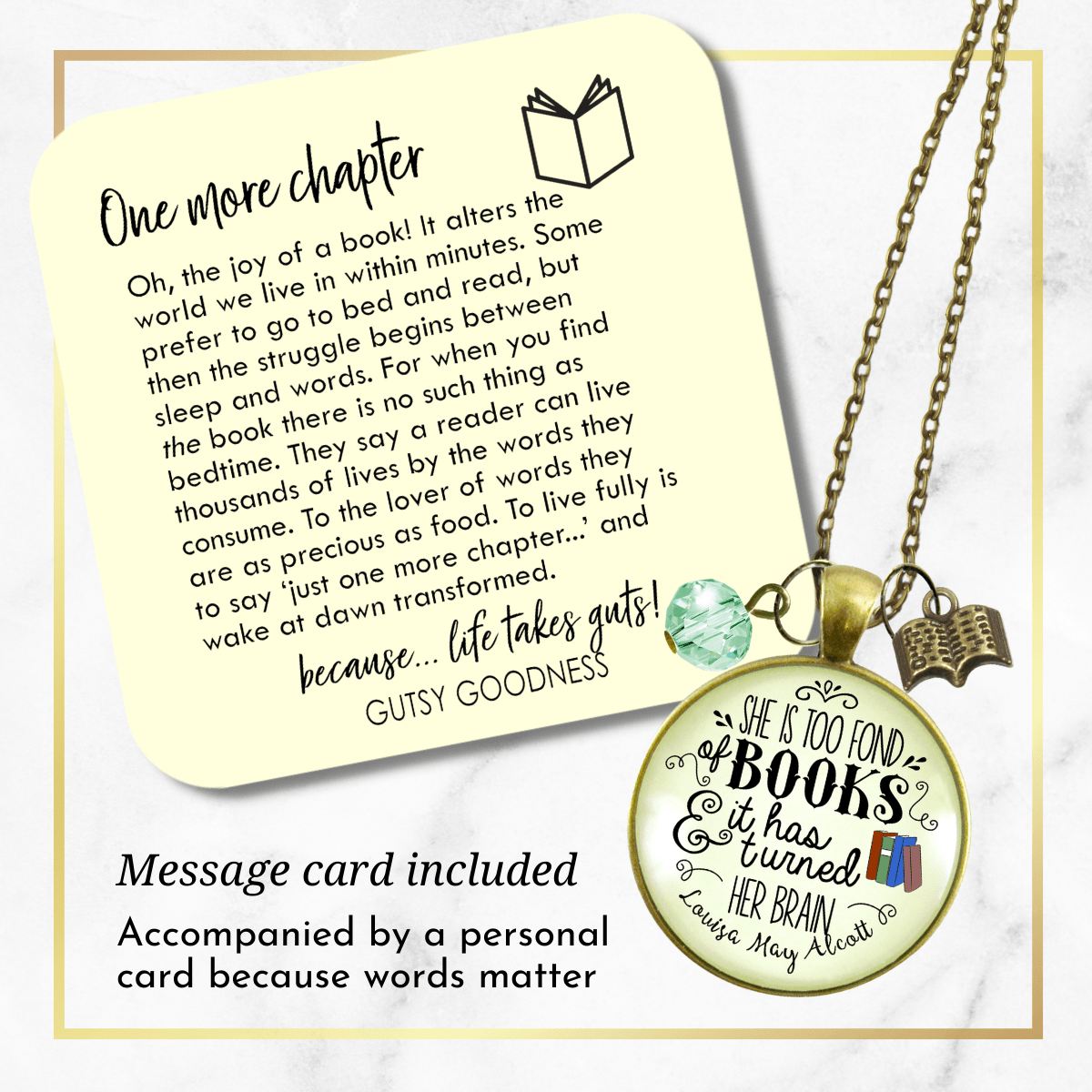 Book Necklace She Is Too Fond Literary Quote Louisa May Alcott Jewelry Green Charm - Gutsy Goodness Handmade Jewelry;Book Necklace She Is Too Fond Literary Quote Louisa May Alcott Jewelry Green Charm - Gutsy Goodness Handmade Jewelry Gifts