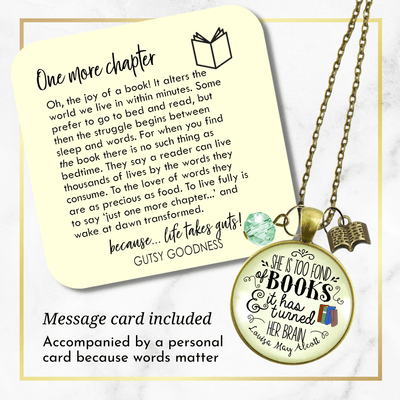 Book Necklace She Is Too Fond Literary Quote Louisa May Alcott Jewelry Green Charm - Gutsy Goodness Handmade Jewelry;Book Necklace She Is Too Fond Literary Quote Louisa May Alcott Jewelry Green Charm - Gutsy Goodness Handmade Jewelry Gifts