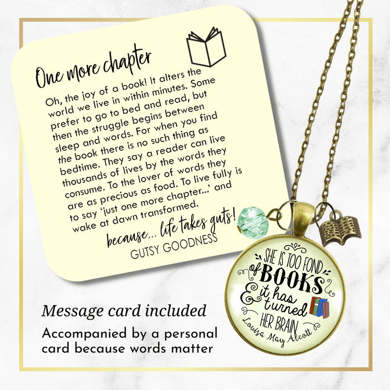 Book Necklace She Is Too Fond Literary Quote Louisa May Alcott Jewelry Green Charm - Gutsy Goodness Handmade Jewelry;Book Necklace She Is Too Fond Literary Quote Louisa May Alcott Jewelry Green Charm - Gutsy Goodness Handmade Jewelry Gifts