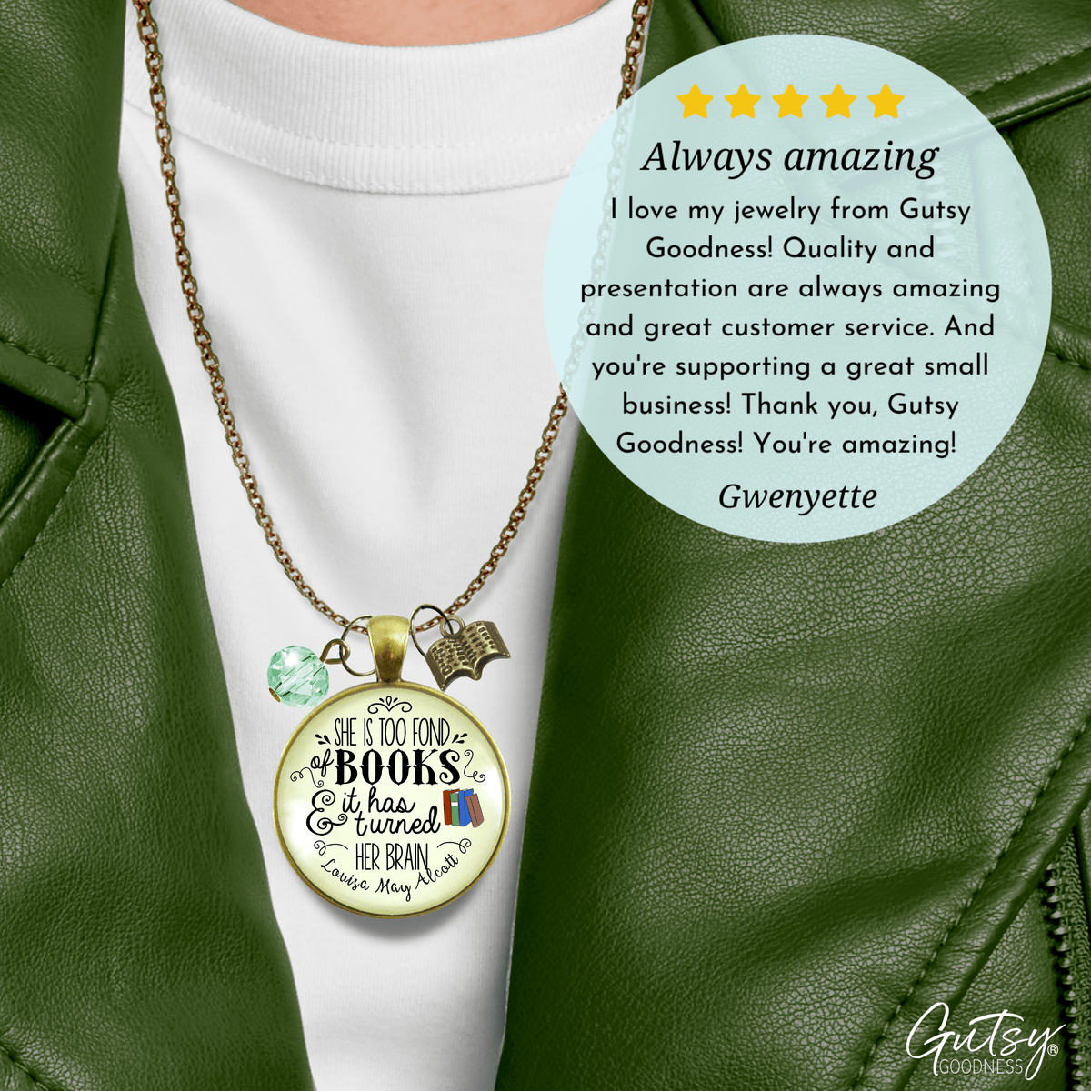 Book Necklace She Is Too Fond Literary Quote Louisa May Alcott Jewelry Green Charm - Gutsy Goodness Handmade Jewelry;Book Necklace She Is Too Fond Literary Quote Louisa May Alcott Jewelry Green Charm - Gutsy Goodness Handmade Jewelry Gifts