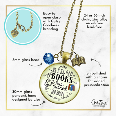 Gutsy Goodness Readers Necklace She Too Fond Of Books Louisa May Alcott Quote Jewelry Red Charm - Gutsy Goodness Handmade Jewelry;Readers Necklace She Too Fond Of Books Louisa May Alcott Quote Jewelry Red Charm - Gutsy Goodness Handmade Jewelry Gifts