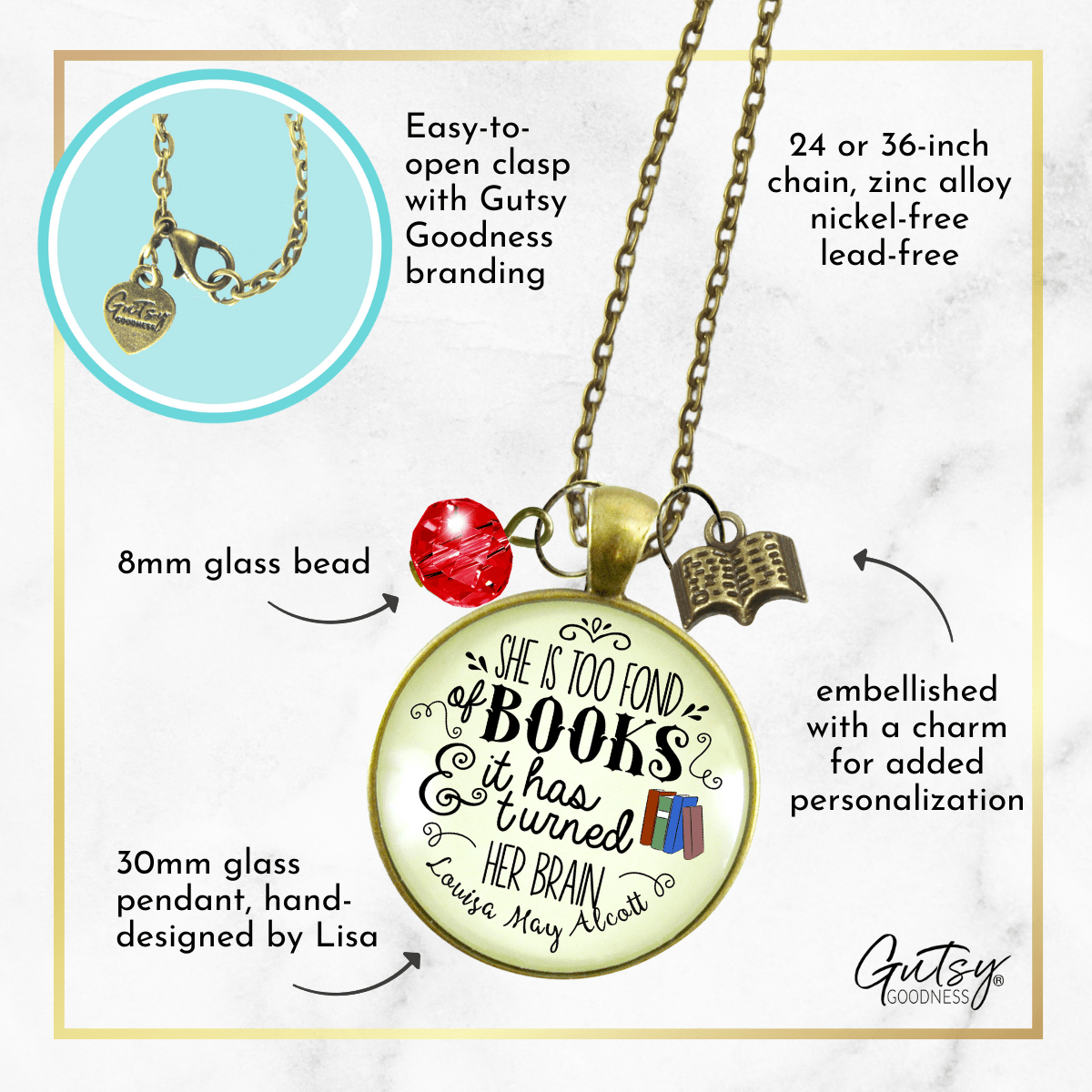Gutsy Goodness Book Necklace She Is Too Fond Literary Louisa May Alcott Jewelry Blue Charm - Gutsy Goodness Handmade Jewelry;Book Necklace She Is Too Fond Literary Louisa May Alcott Jewelry Blue Charm - Gutsy Goodness Handmade Jewelry Gifts