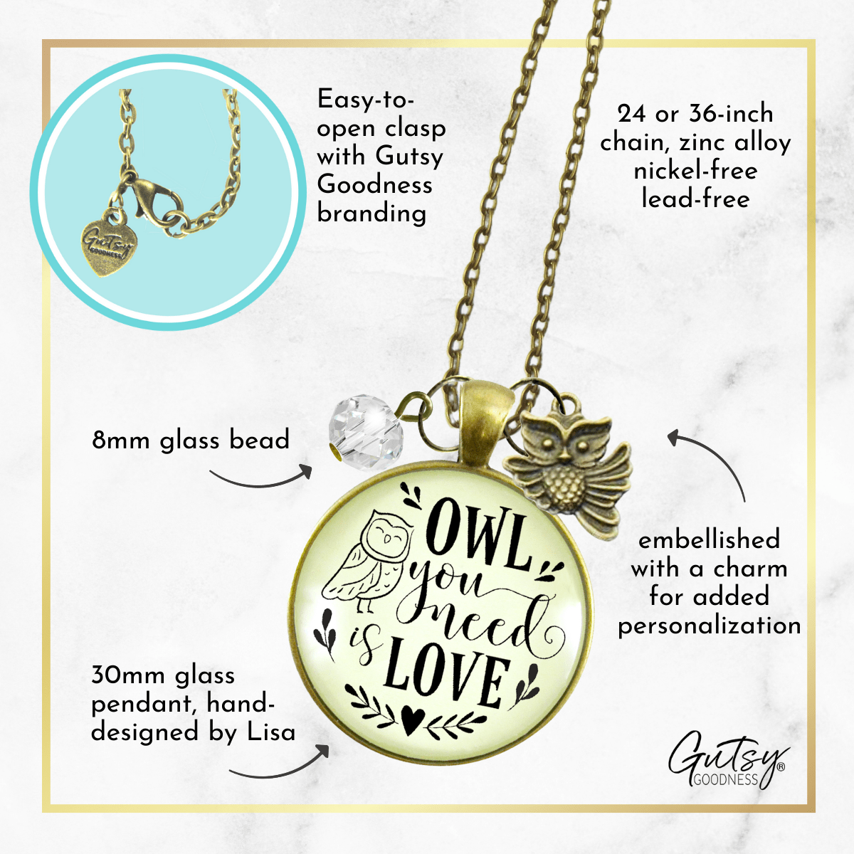 Gutsy Goodness Owl Necklace You Need Love Vintage Friendship Quote Pendant Jewelry - Gutsy Goodness Handmade Jewelry;Owl Necklace You Need Love Vintage Friendship Quote Pendant Jewelry - Gutsy Goodness Handmade Jewelry Gifts