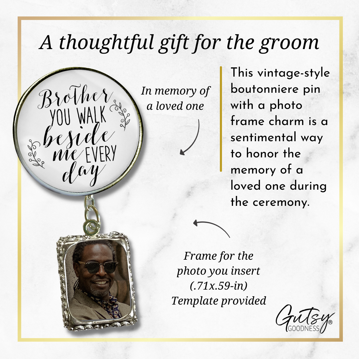 Wedding Memorial Boutonniere Pin Photo Frame Honor Brother Silver White For Men - Gutsy Goodness