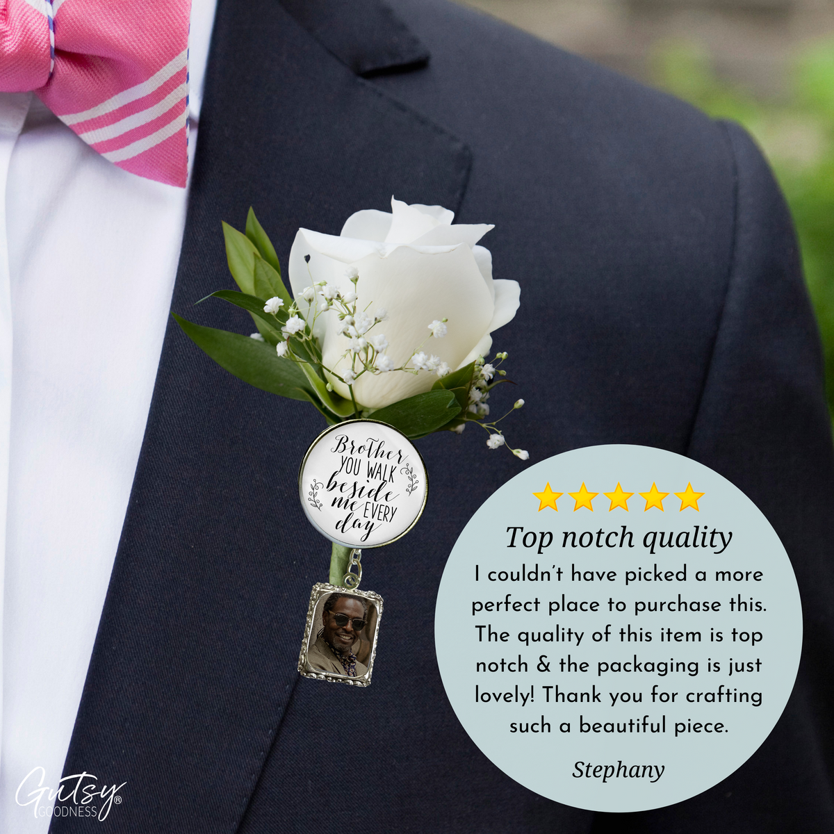 Wedding Memorial Boutonniere Pin Photo Frame Honor Brother Silver White For Men - Gutsy Goodness