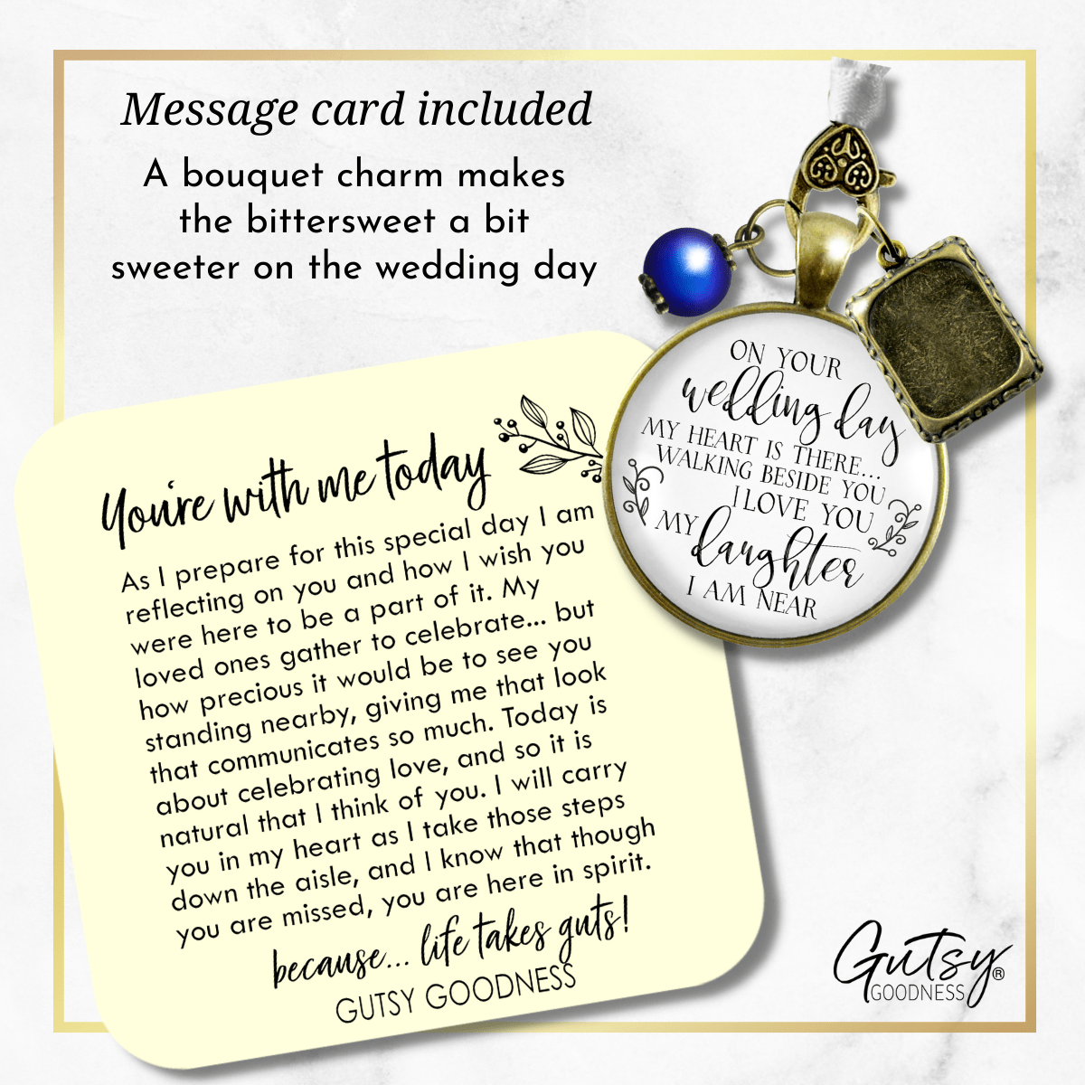 Bouquet Charm On Your Wedding Day Mom Dad White Blue Bridal Photo Memorial Frame - Gutsy Goodness Handmade Jewelry Gifts