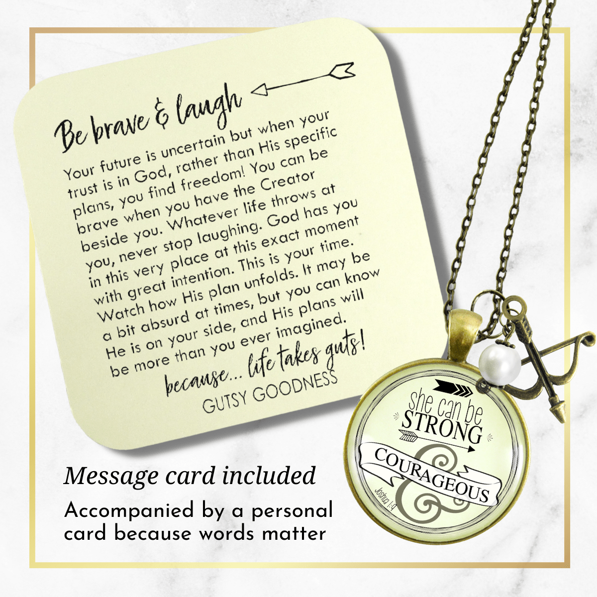 Gutsy Goodness She Can Be Strong Courageous Necklace Brave Life Quote Bow Arrow - Gutsy Goodness Handmade Jewelry;She Can Be Strong And Courageous - Gutsy Goodness Handmade Jewelry Gifts