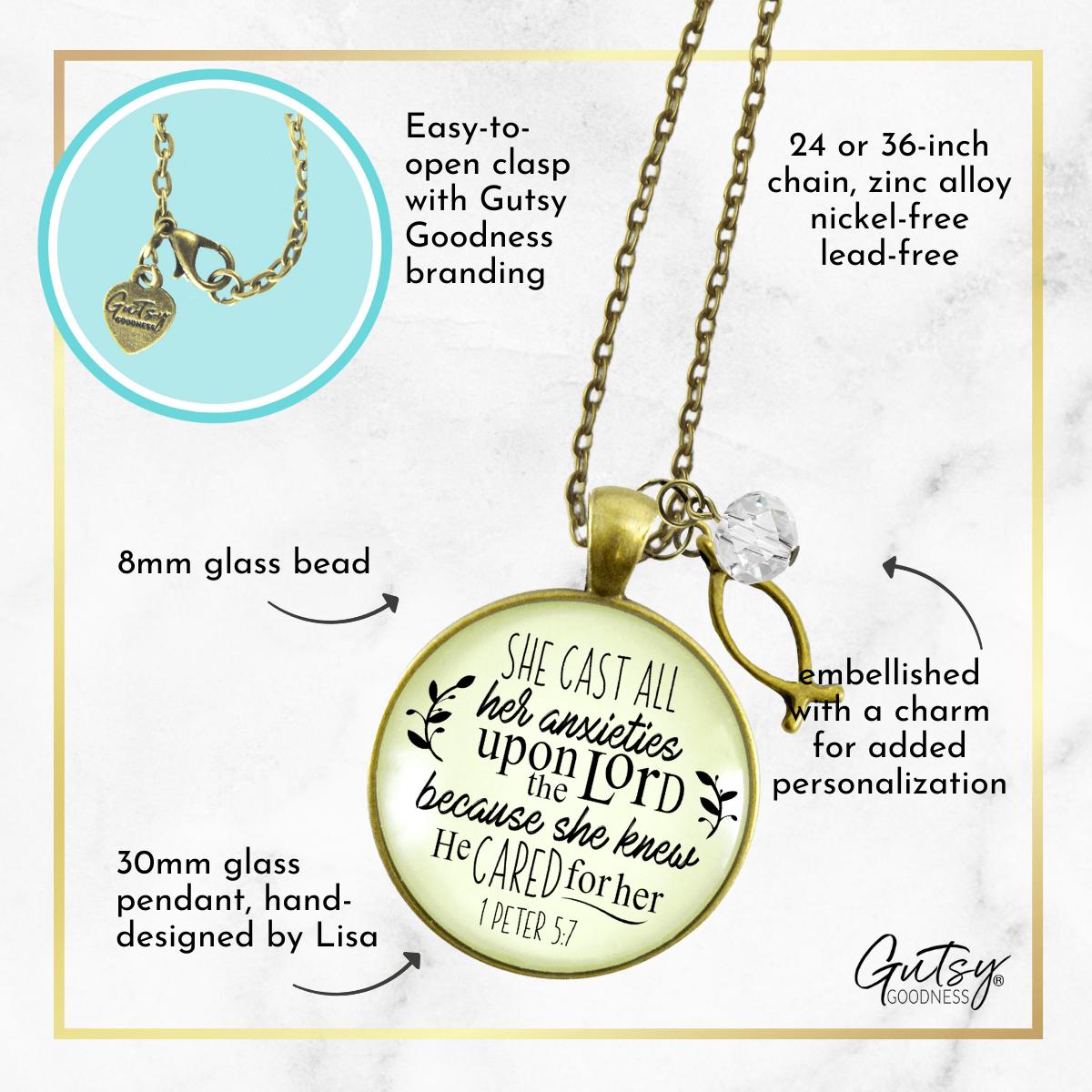 Gutsy Goodness Christian Necklace She Cast Anxieties Bible Word Jewelry Fish Charm - Gutsy Goodness Handmade Jewelry;Christian Necklace She Cast Anxieties Bible Word Jewelry Fish Charm - Gutsy Goodness Handmade Jewelry Gifts
