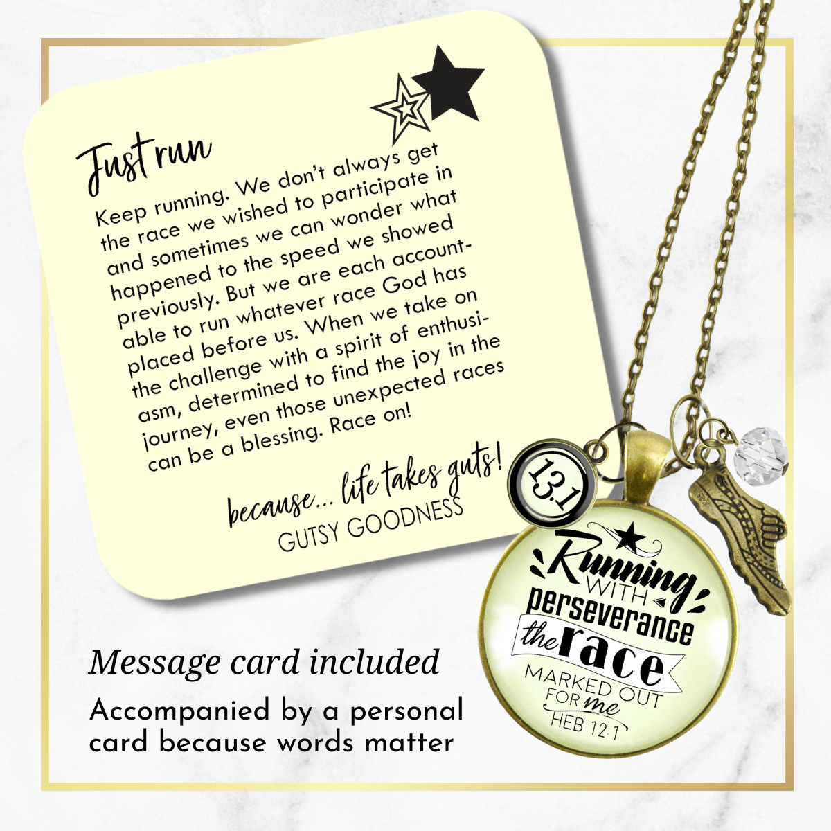 Runners Half Marathon Necklace 13.1 Run Perseverance Faith Jewelry - Gutsy Goodness Handmade Jewelry Gifts