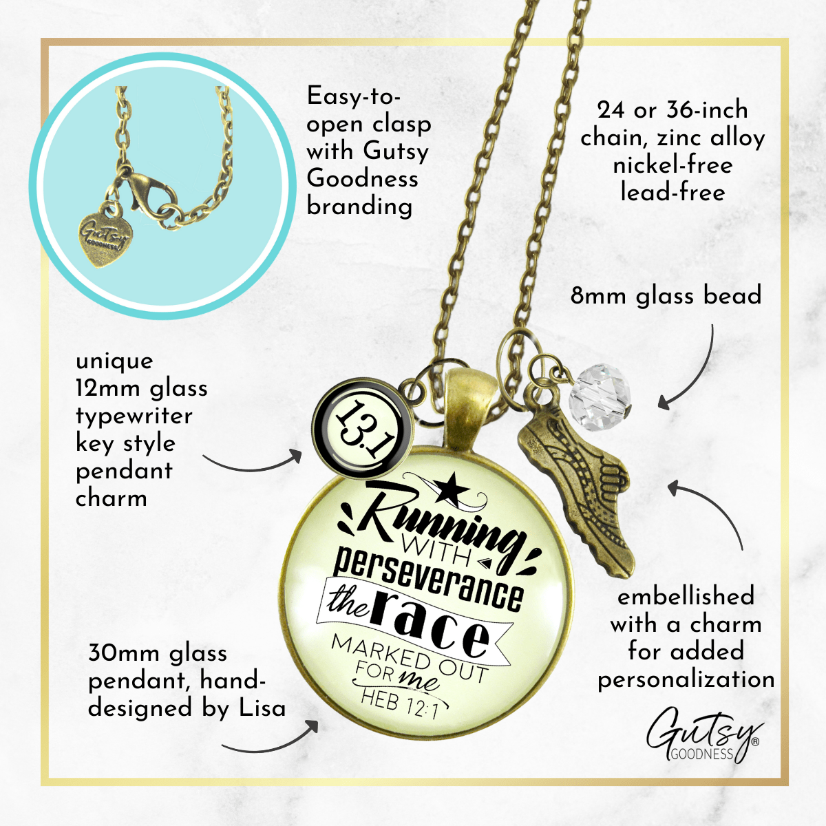 Runners Half Marathon Necklace 13.1 Run Perseverance Faith Jewelry - Gutsy Goodness Handmade Jewelry Gifts