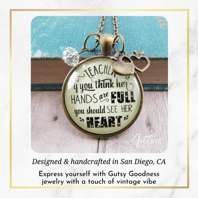 Gutsy Goodness Teacher Necklace See Her Heart School Quote Jewelry Gift Apple Charm - Gutsy Goodness Handmade Jewelry;Teacher Necklace See Her Heart School Quote Jewelry Gift Apple Charm - Gutsy Goodness Handmade Jewelry Gifts