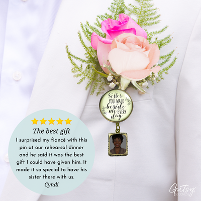 Wedding Memorial Boutonniere Pin Photo Frame Honor Sister Vintage Cream For Men - Gutsy Goodness