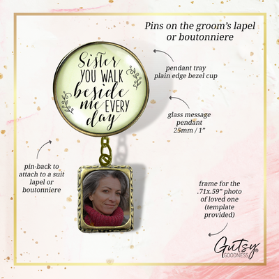 Wedding Memorial Boutonniere Pin Photo Frame Honor Sister Vintage Cream For Men - Gutsy Goodness