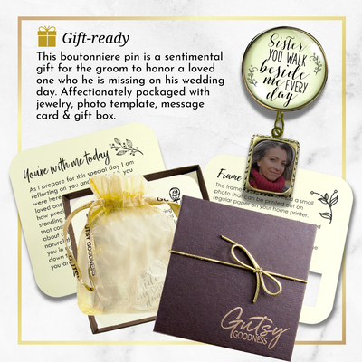 Wedding Memorial Boutonniere Pin Photo Frame Honor Sister Vintage Cream For Men - Gutsy Goodness