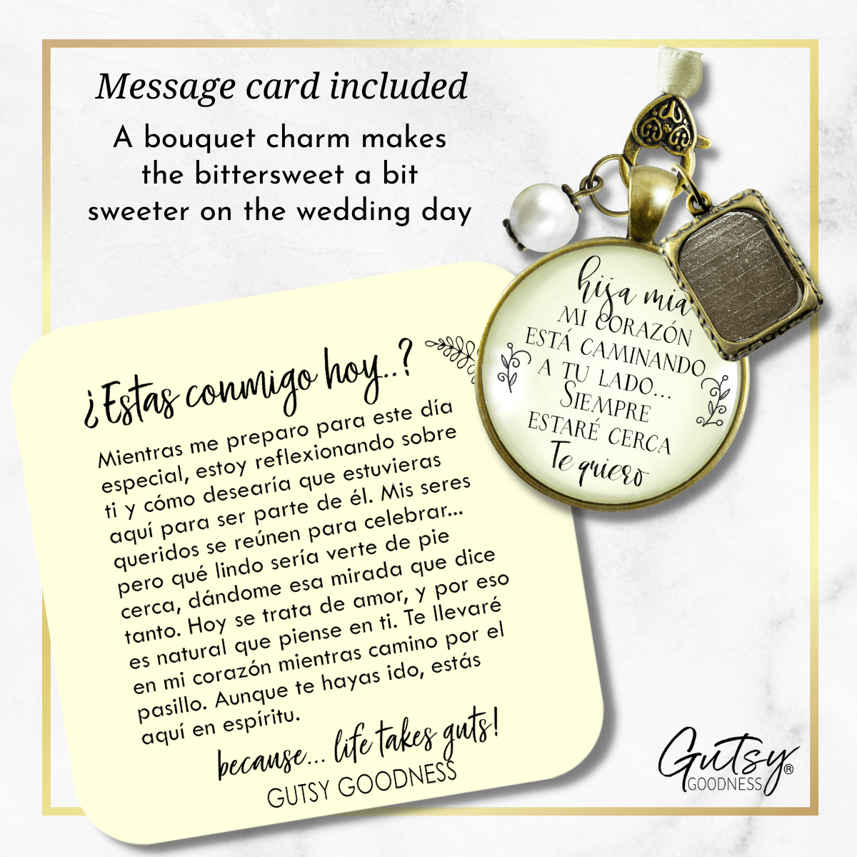 On Your Wedding Day SPANISH MY Heart Is There Walking Beside You DAUGHTER - BRONZE - CREAM - WHITE BEAD
