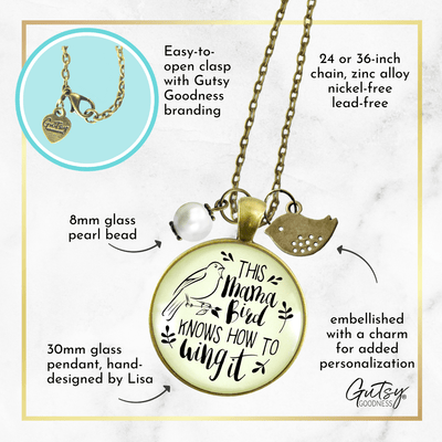 Mama Bird Necklace 1 Child Wings It Baby Bird Charm Gift Mom Jewelry 36" - 36&quot; - Gutsy Goodness;Mama Bird Necklace 1 Child Wings It Baby Bird Charm Gift Mom Jewelry 36" - Gutsy Goodness Handmade Jewelry Gifts
