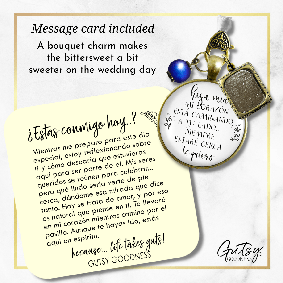 On Your Wedding Day SPANISH MY Heart Is There Walking Beside You DAUGHTER - BRONZE - WHITE - BLUE BEAD