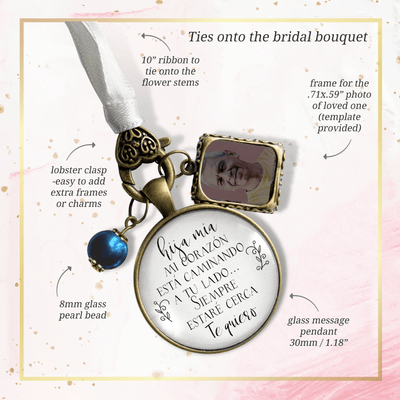 On Your Wedding Day SPANISH MY Heart Is There Walking Beside You DAUGHTER - BRONZE - WHITE - BLUE BEAD