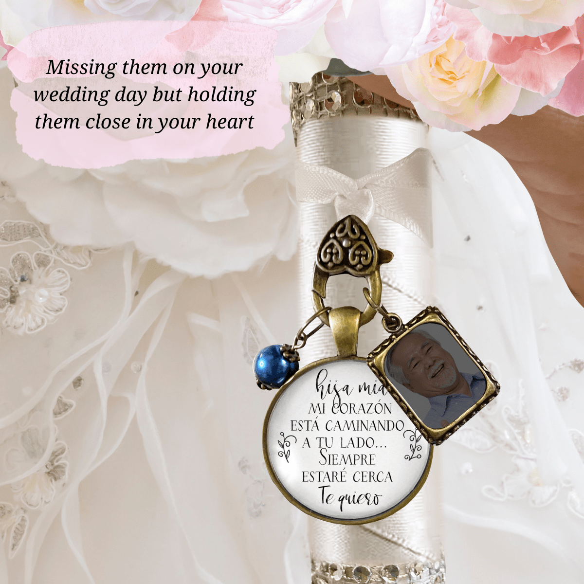 On Your Wedding Day SPANISH MY Heart Is There Walking Beside You DAUGHTER - BRONZE - WHITE - BLUE BEAD