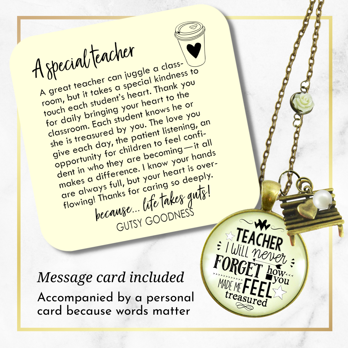 Teacher Necklace I Will Never Forget Jewelry Appreciation Gift  Necklace - Gutsy Goodness Handmade Jewelry