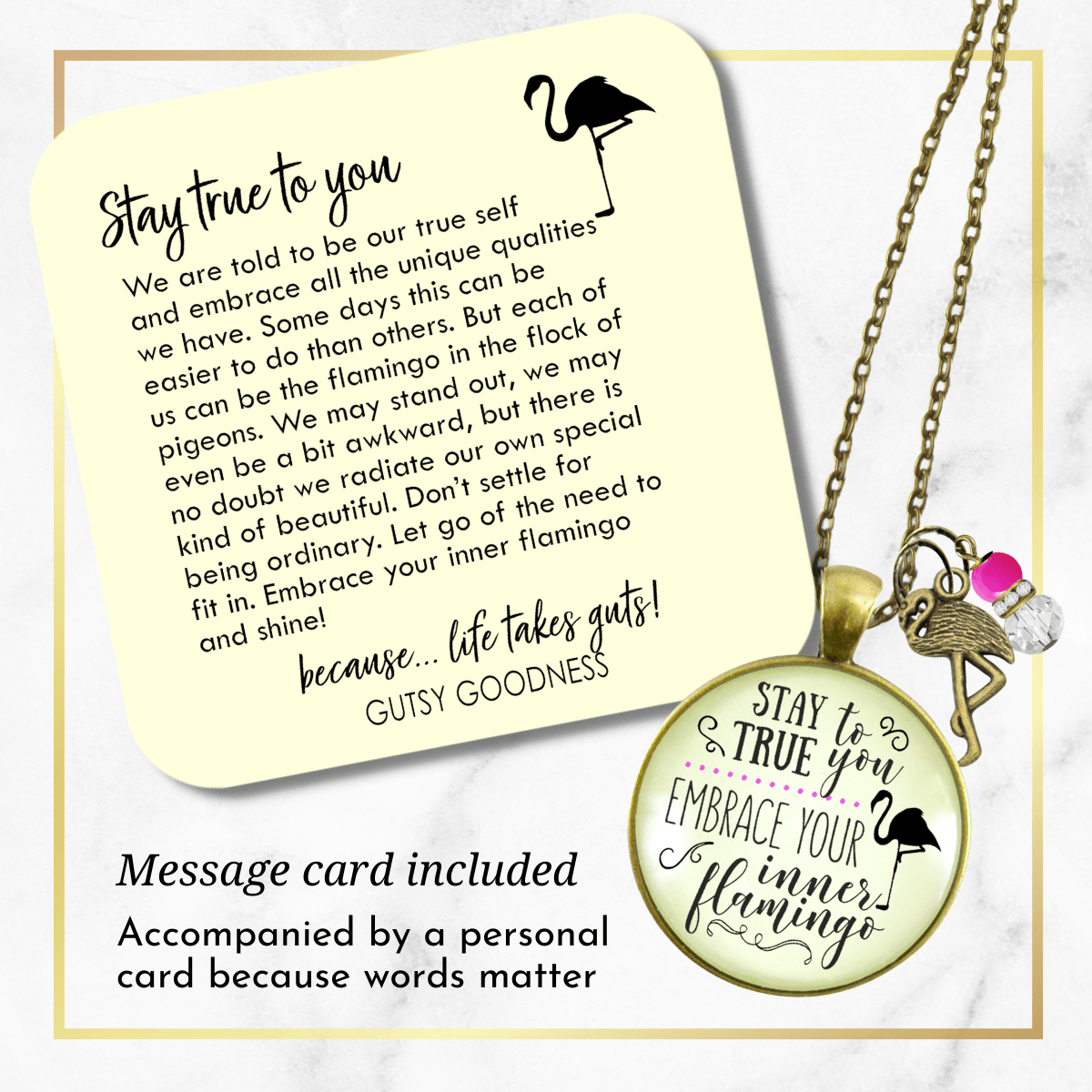 Flamingo Necklace Stay True to You Quote Tropical Fashion Hot Pink Charm  Necklace - Gutsy Goodness Handmade Jewelry
