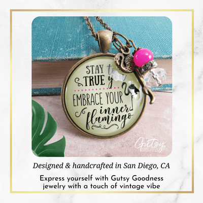 Flamingo Necklace Stay True to You Quote Tropical Fashion Pink Charm - Gutsy Goodness