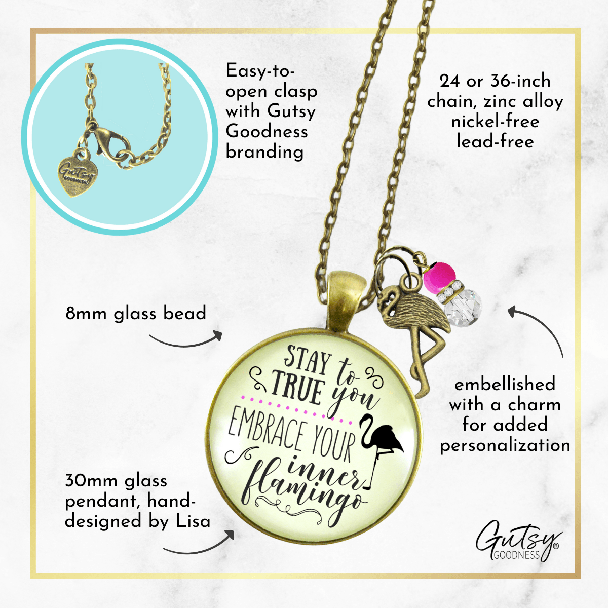 Flamingo Necklace Stay True to You Quote Tropical Fashion Pink Charm - Gutsy Goodness